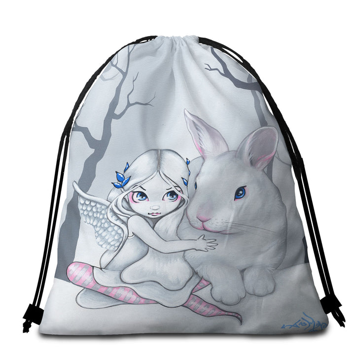 Cute Kids Beach Towel Bags Drawing Winter Fairy and Snow Bunny