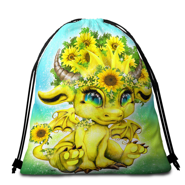 Cute Kids Beach Towel Bags Fantasy Creature Sunflower Lil Dragon