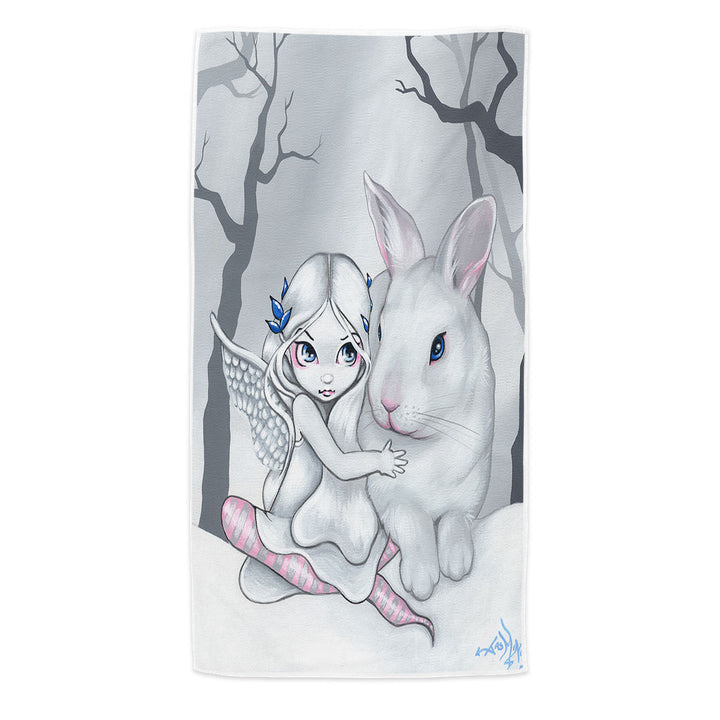 Cute Kids Beach Towels Drawing Winter Fairy and Snow Bunny