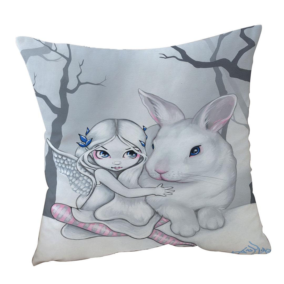 Cute Kids Cushion Covers Drawing Winter Fairy and Snow Bunny