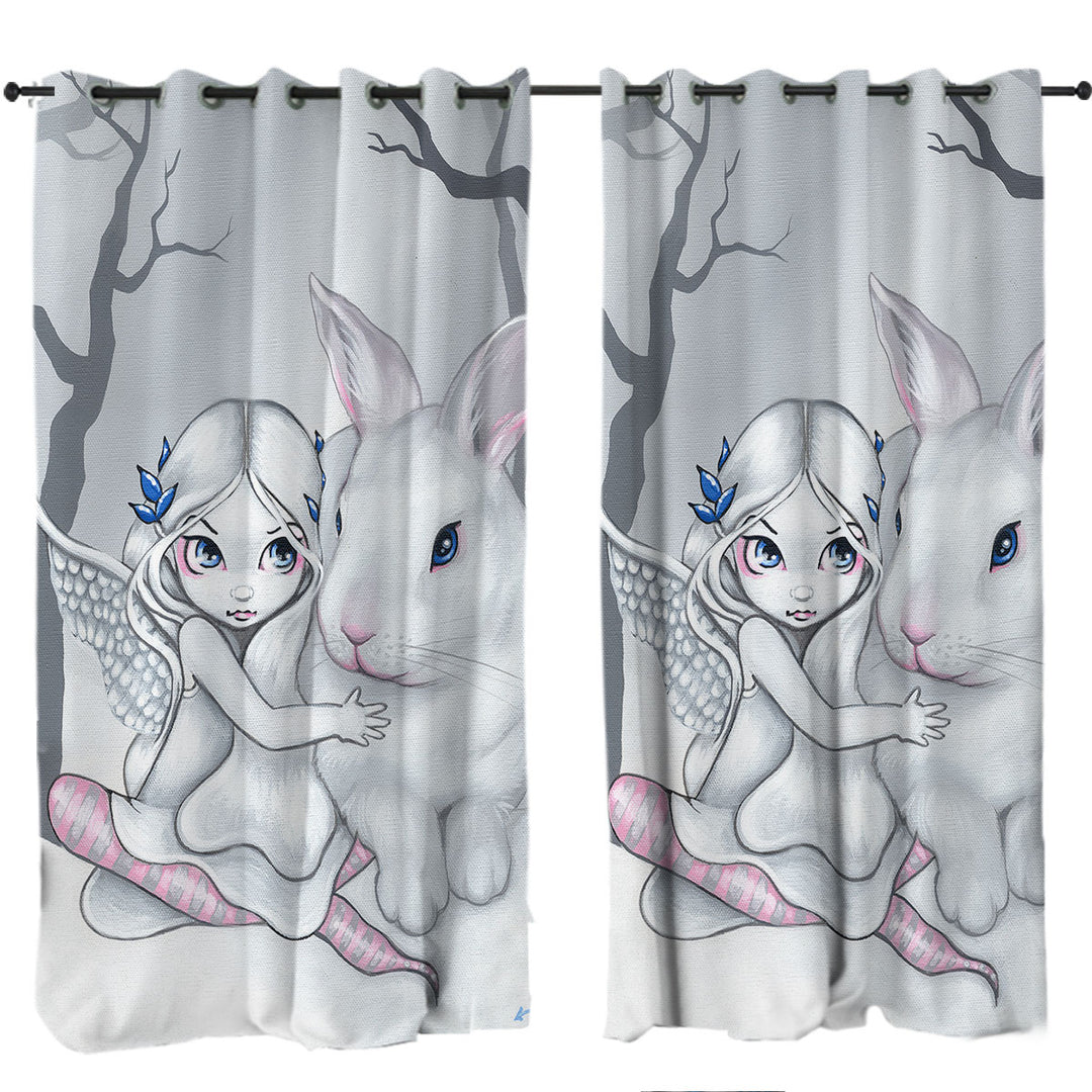 Cute Kids Drawing Winter Fairy and Snow Bunny Custom Curtains