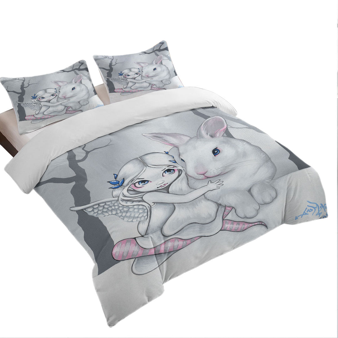 Cute Kids Drawing Winter Fairy and Snow Bunny King Duvet Cover set