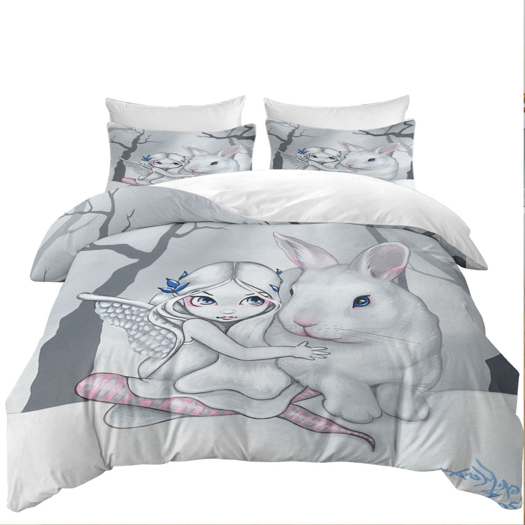 Cute Kids Drawing Winter Fairy and Snow Bunny King Size Duvet Cover