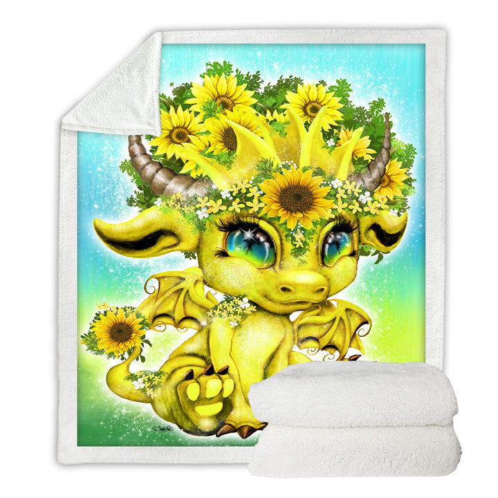 Cute Kids Fleece Blankets Fantasy Creature Sunflower Lil Dragon