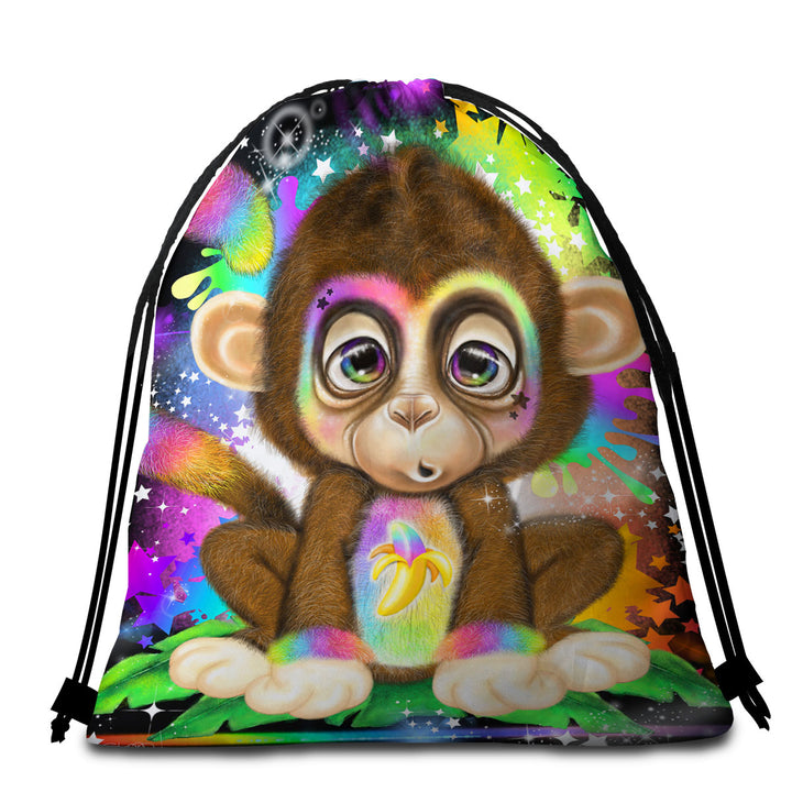 Cute Kids Rainbow Lil Monkey Beach Towels and Bags Set