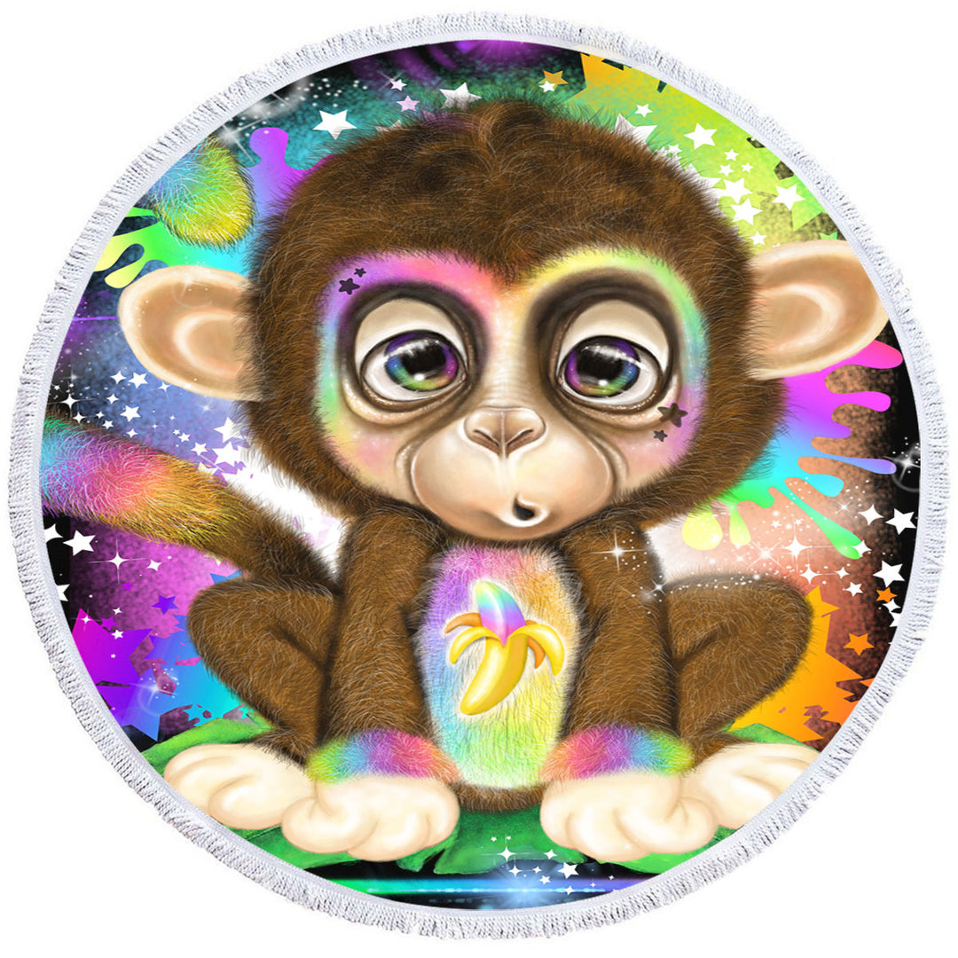 Cute Kids Rainbow Lil Monkey Round Beach Towel