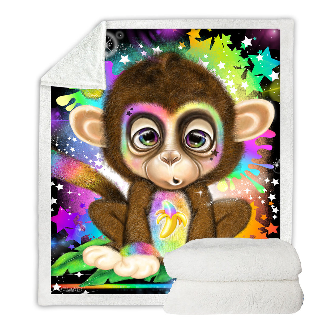 Cute Kids Rainbow Lil Monkey Sherpa Blanket