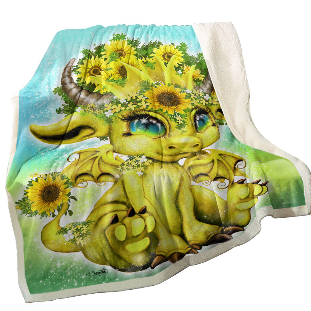 Cute Kids Room Decorative Throws Fantasy Creature Sunflower Lil Dragon