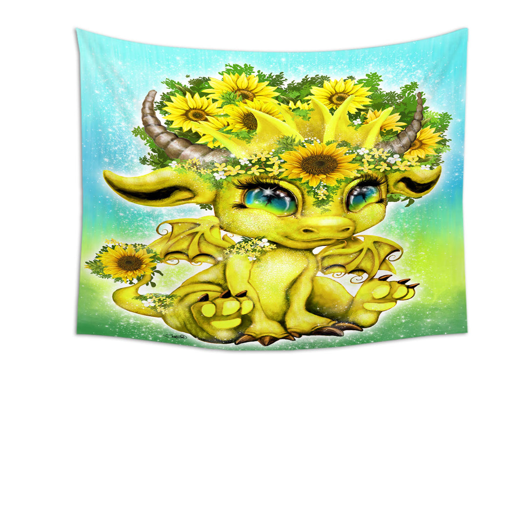 Cute Kids Room Wall Decor Fantasy Creature Sunflower Lil Dragon Tapestry