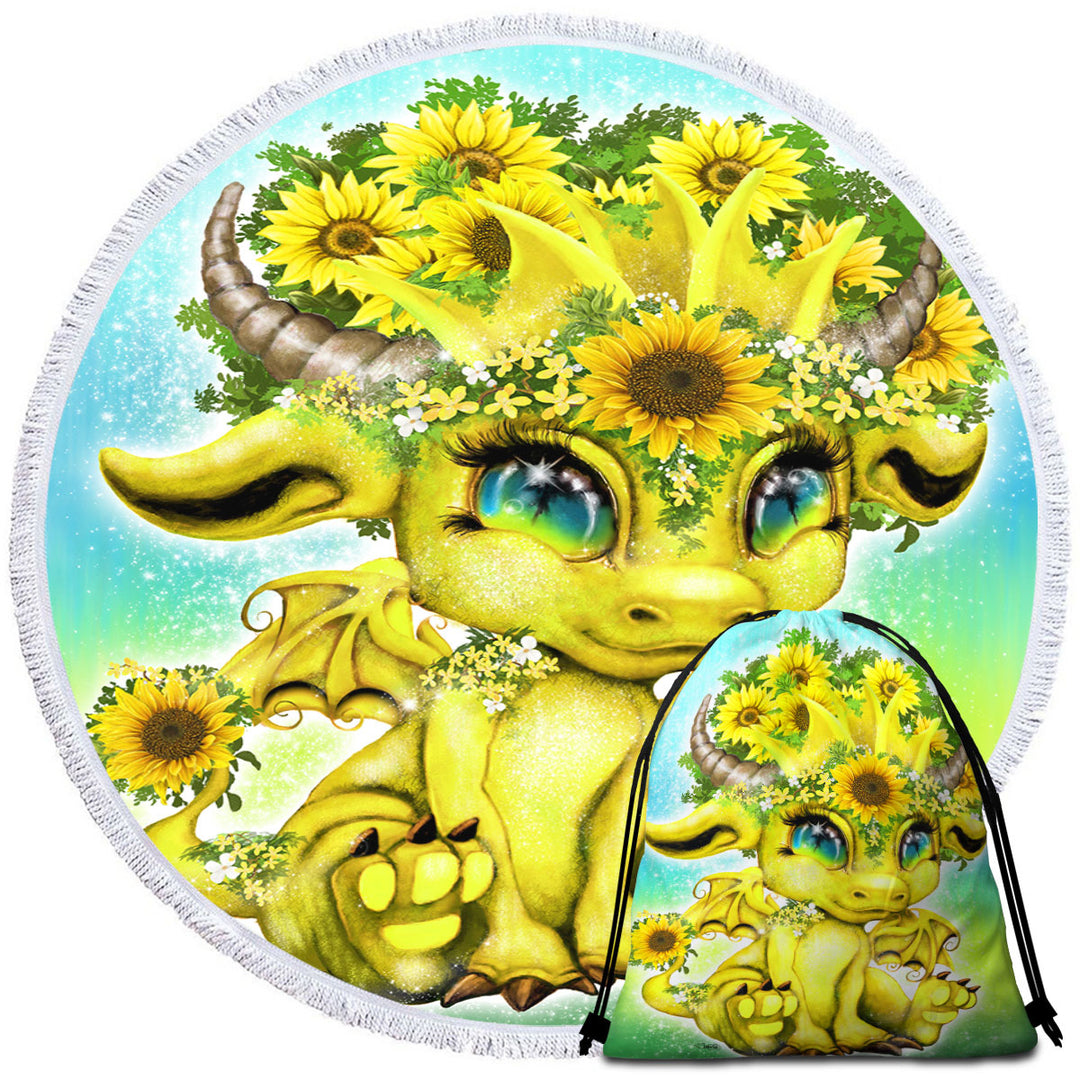 Cute Kids Round Beach Towel Fantasy Creature Sunflower Lil Dragon