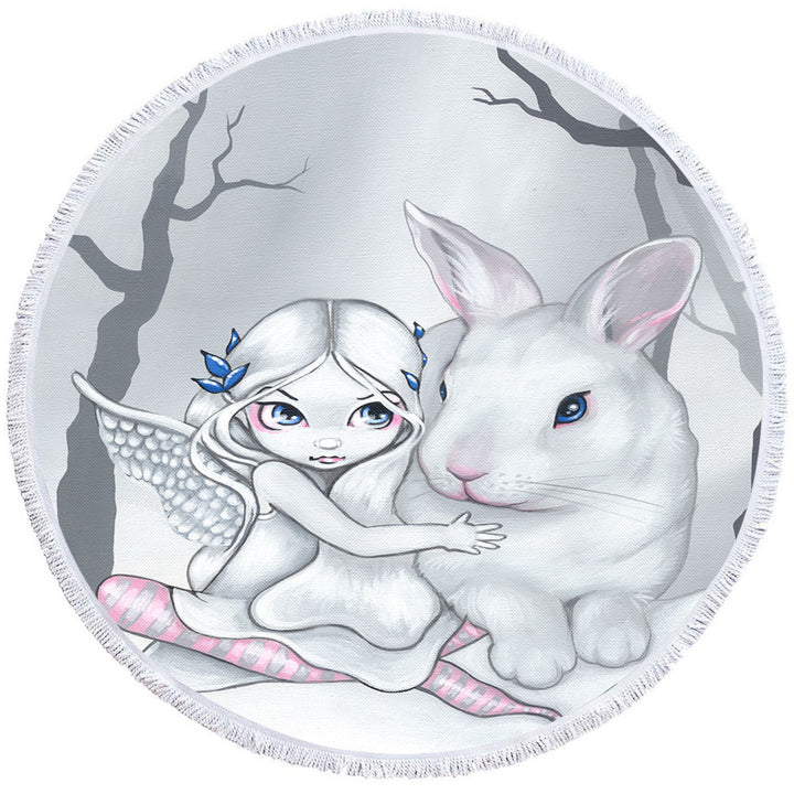 Cute Kids Round Towel Drawing Winter Fairy and Snow Bunny