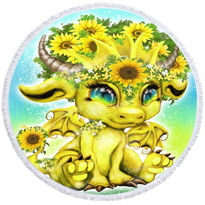 Cute Kids Round Towel Fantasy Creature Sunflower Lil Dragon