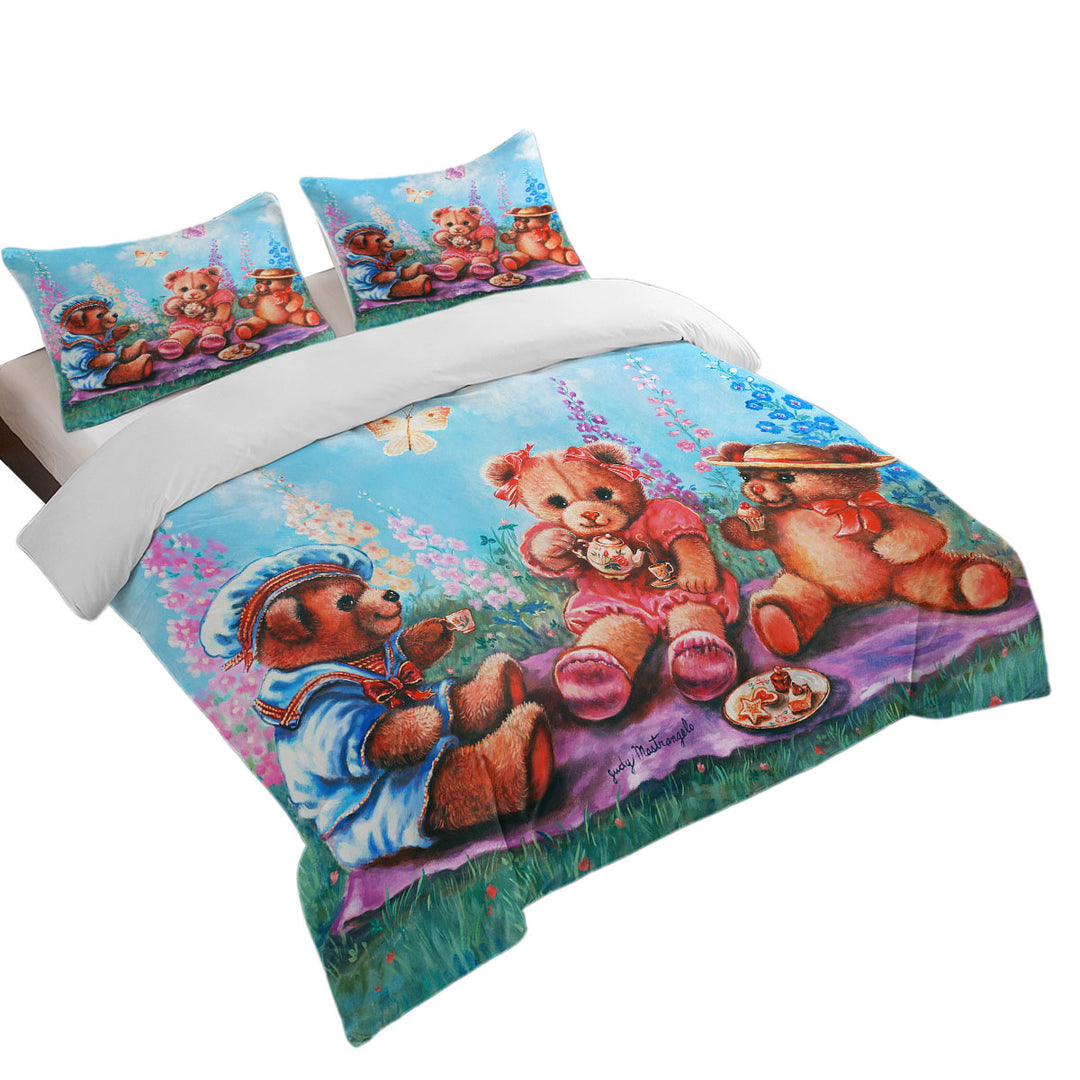 Cute Kids Vintage Art Painting the Teddy Bear Picnic Duvet Cover Queen