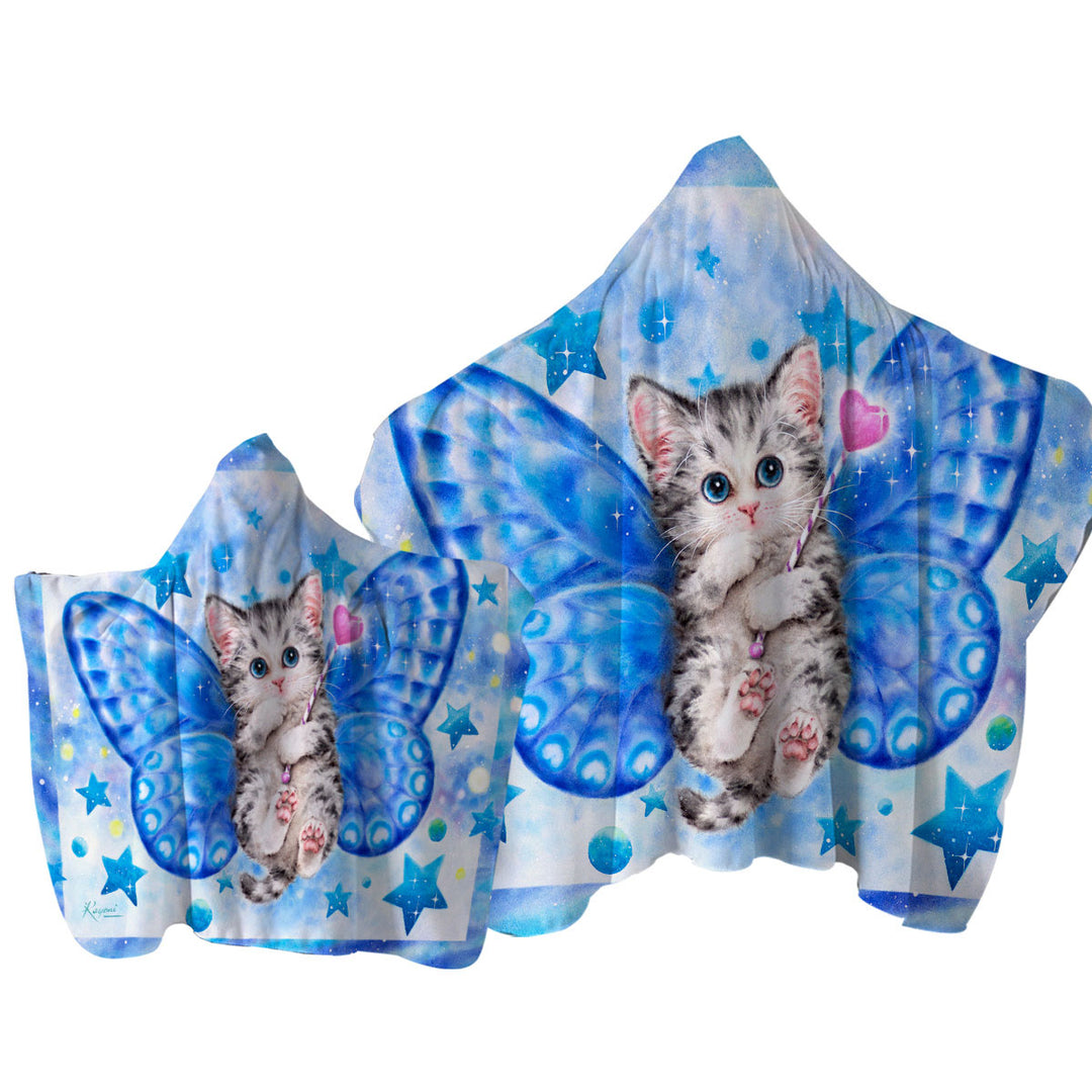 Cute Kitten Designs Blue Butterfly Kitty Cat Towel with Hood