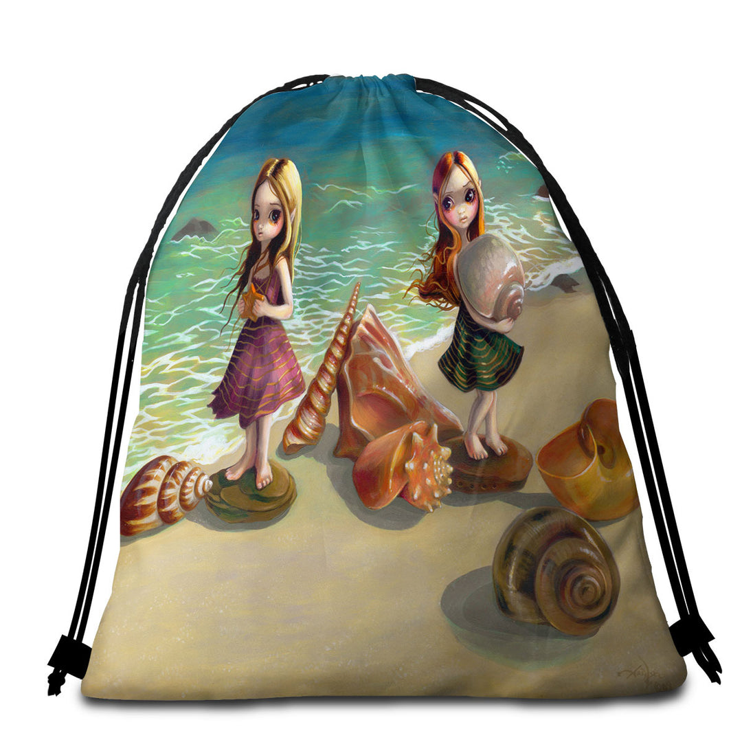 Cute Microfiber Beach Towel Fantasy Girls Collecting Shells By the Seaside