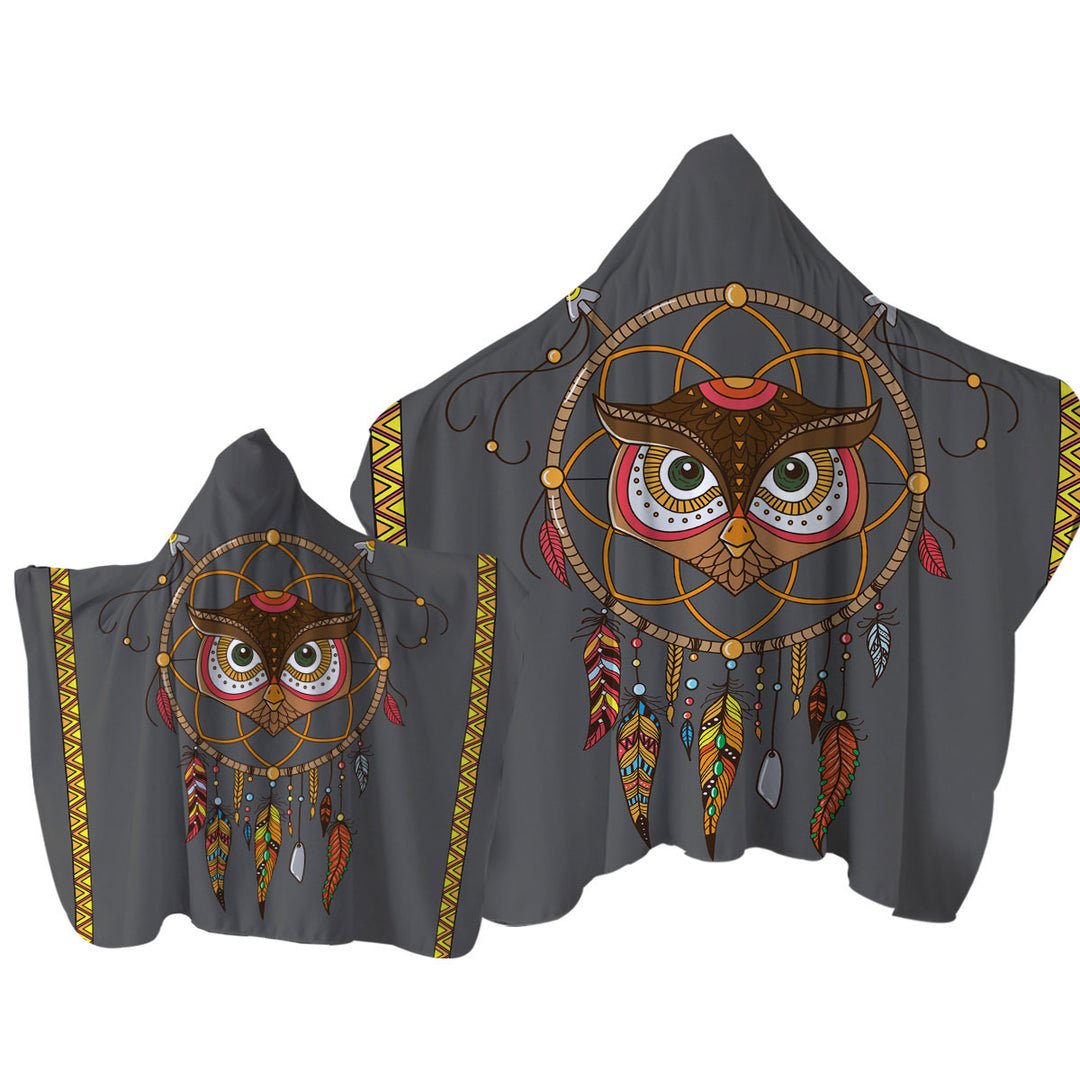 Cute Native Owl Dream Catcher for Kids Hooded Beach Towel