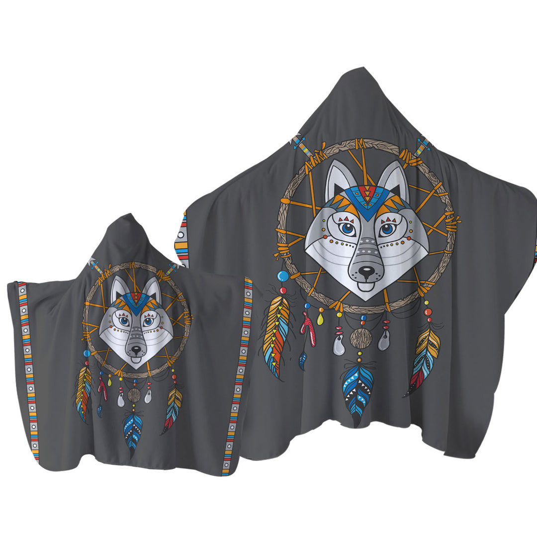 Cute Native Wolf Dream Catcher for Kids Towel with Hood