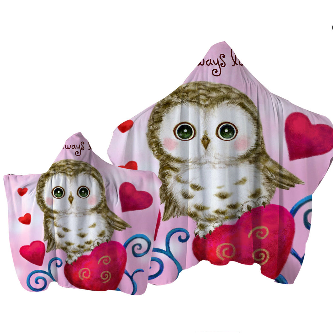 Cute Owl Always Love You Red Hearts Towel Hoodie