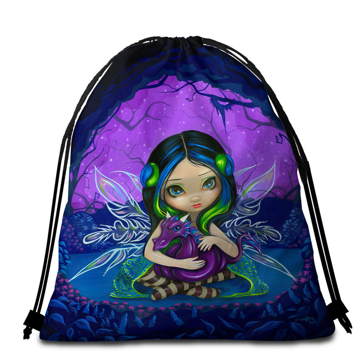 Cute Packable Beach Towel Fairy in the Purple Moonlit Dragonling Garden