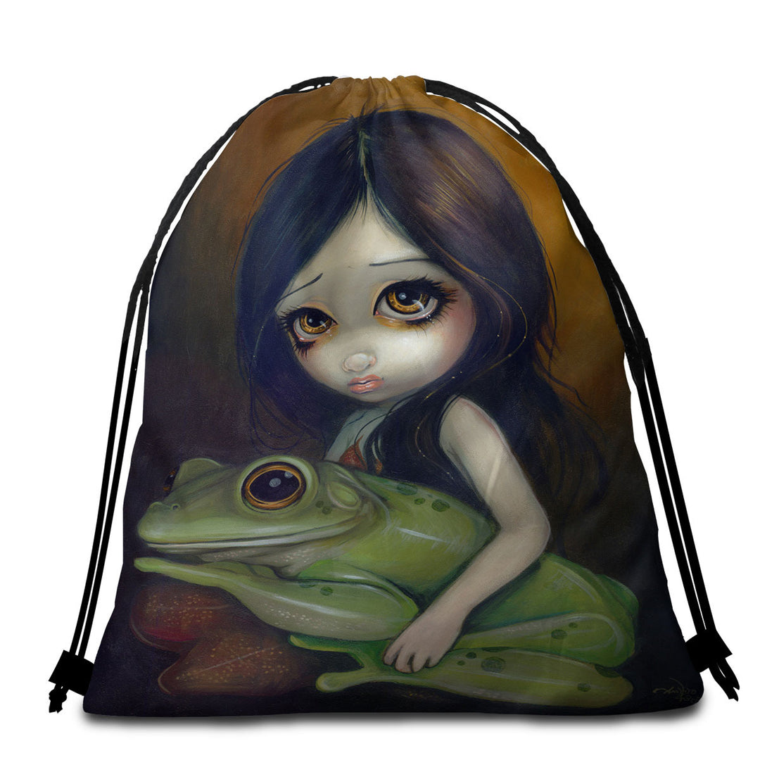 Cute Paintings Little Frog Girl Packable Beach Towel