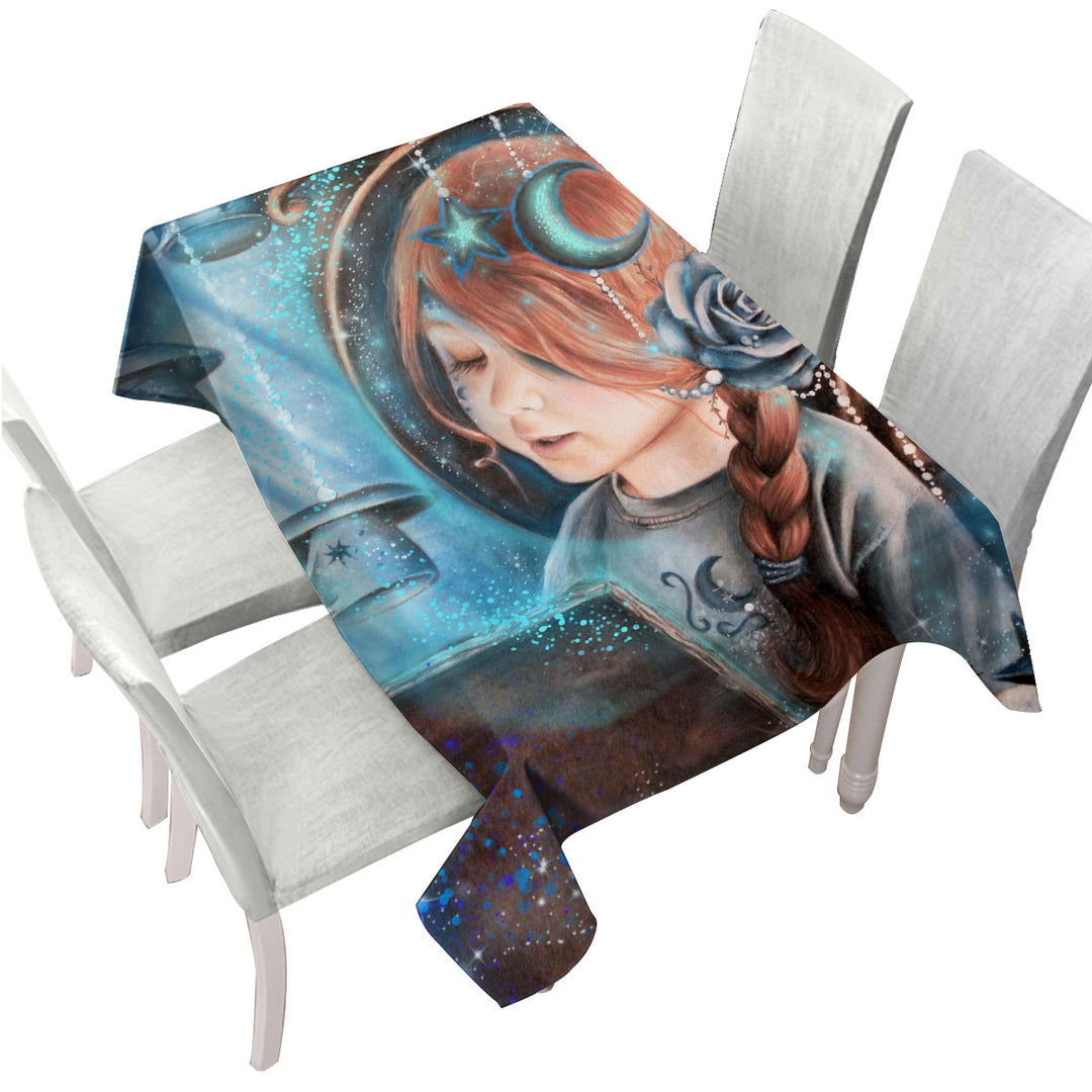 Cute Printed Tablecloth Girl Night Read in the Moonlight