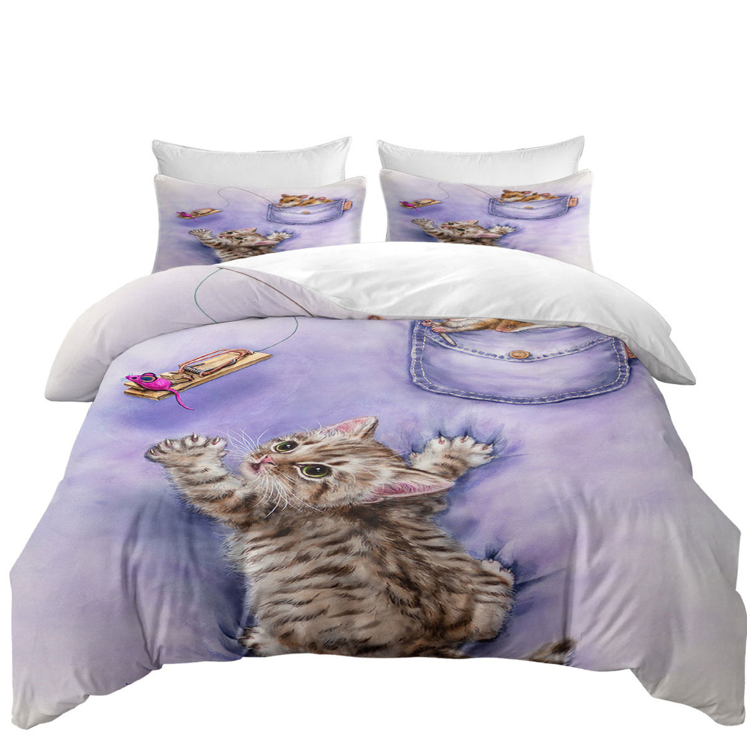 Cute Purple Art Tabby Kitten and Mice California King Duvet Cover