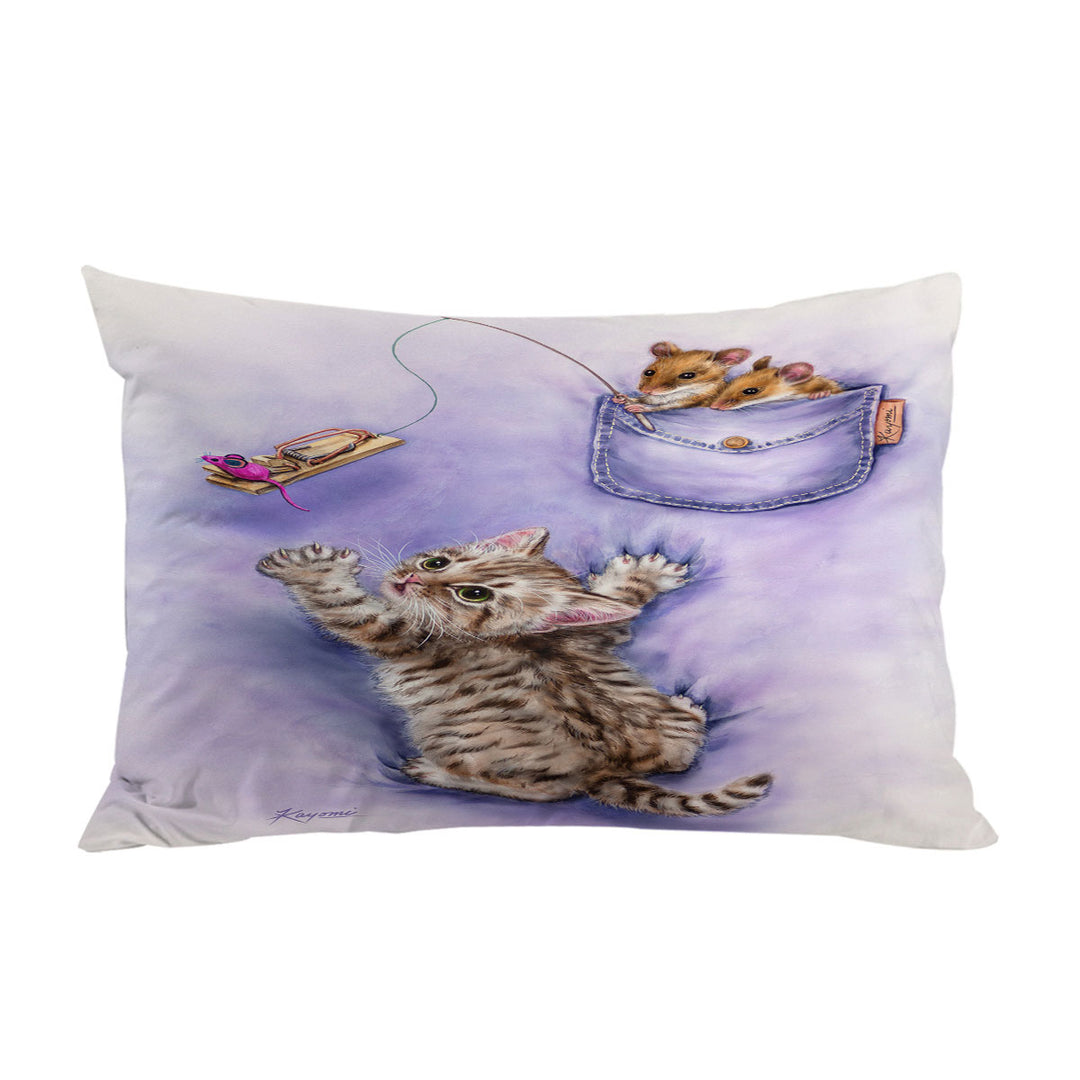 Cute Purple Art Tabby Kitten and Mice Pillowcase