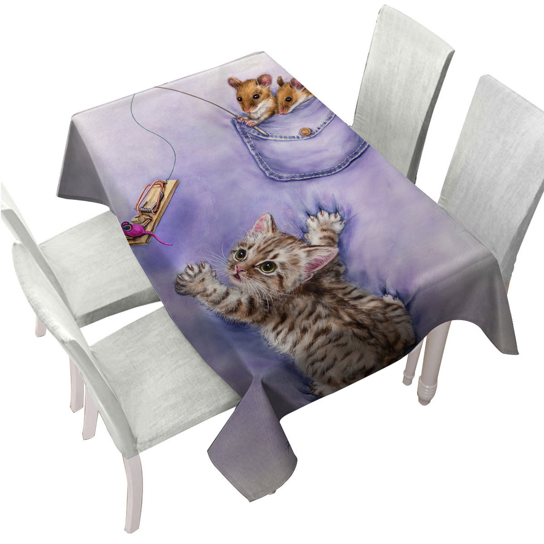 Cute Purple Art Tabby Kitten and Mice Tablecloth