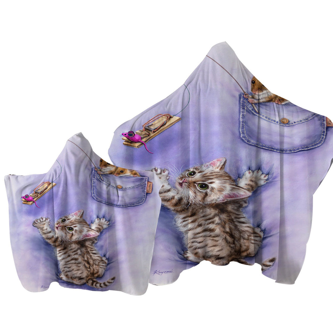 Cute Purple Art Tabby Kitten and Mice Towel Hoodie