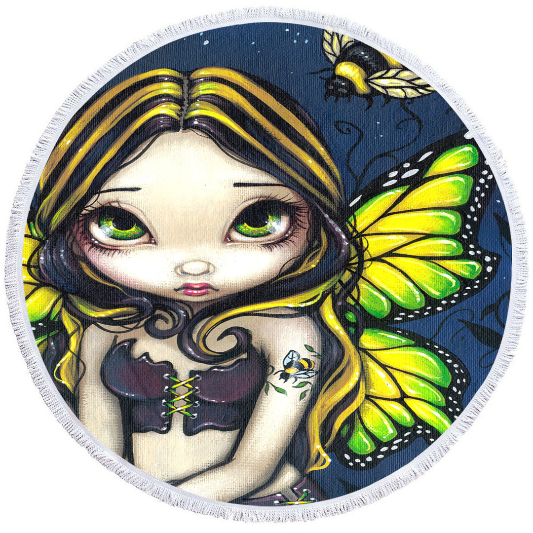 Cute Round Beach Towel Art Bumblebee Tattoo on Butterfly Fairy