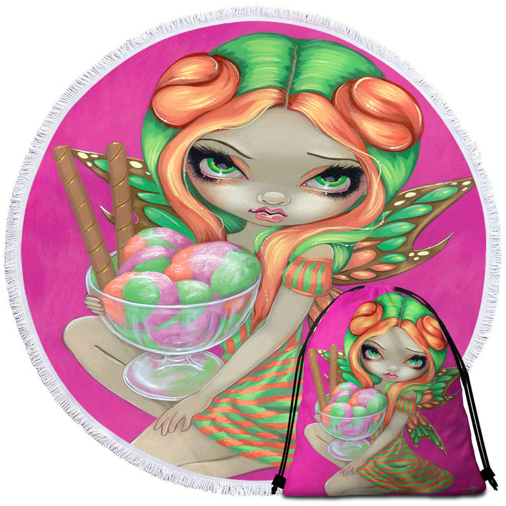 Cute Round Beach Towel Candy Lover Big Eyed Rainbow Sherbet Fairy