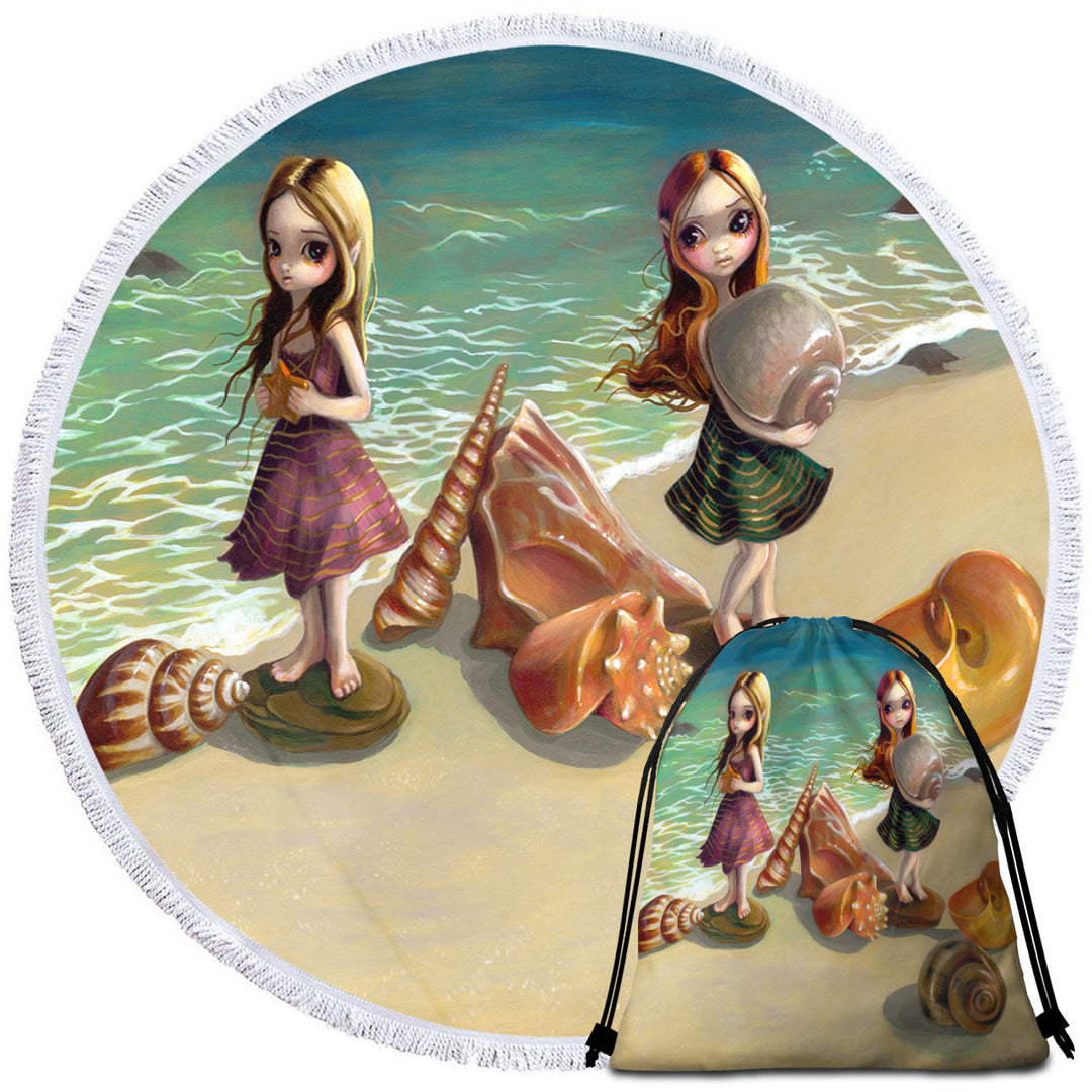 Cute Round Beach Towel Fantasy Girls Collecting Shells By the Seaside