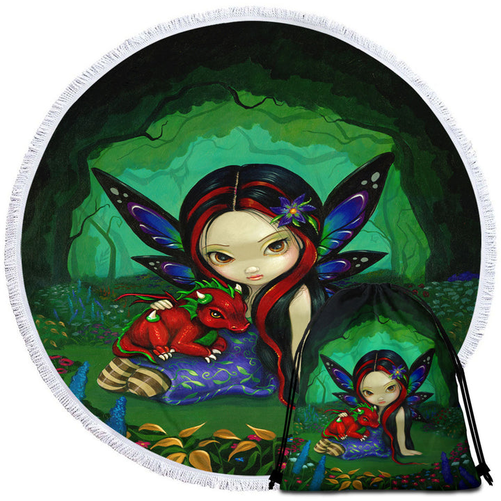 Cute Round Beach Towel Forest Fairy in the Dragonling Garden