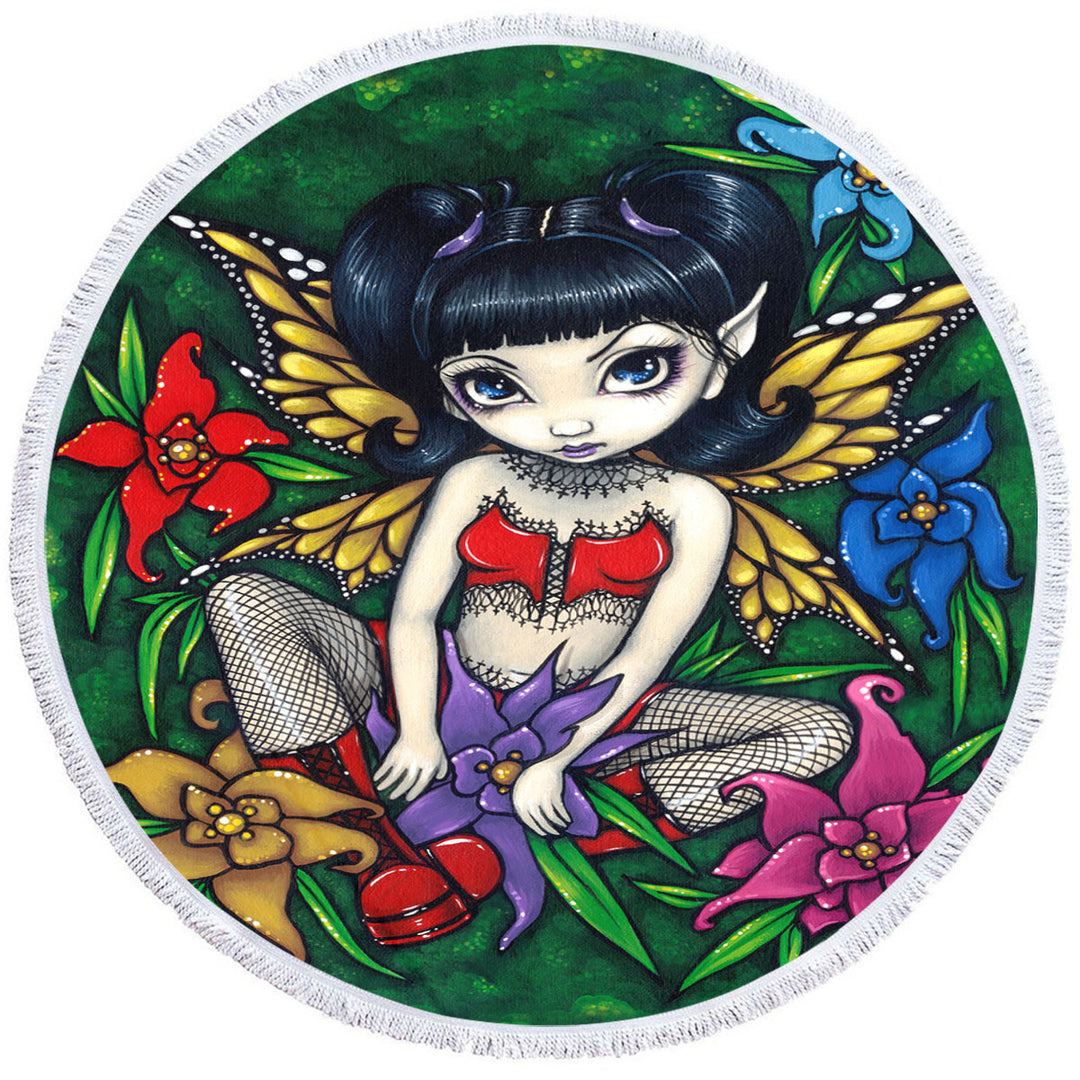 Cute Round Beach Towel Goth Fairy Fishnets and Flowers