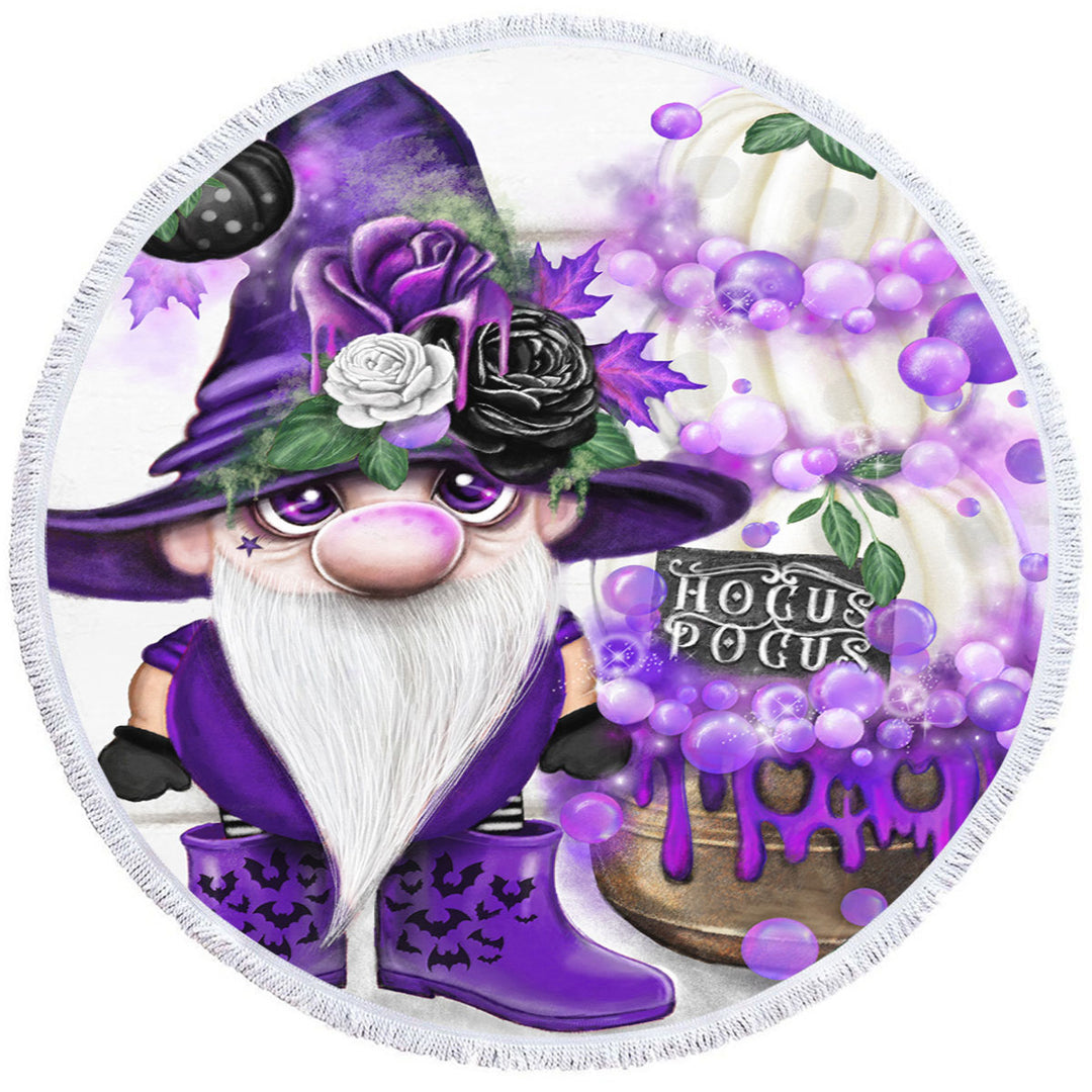 Cute Round Beach Towel Purple Autumn Lil Gnome Hocus Pocus