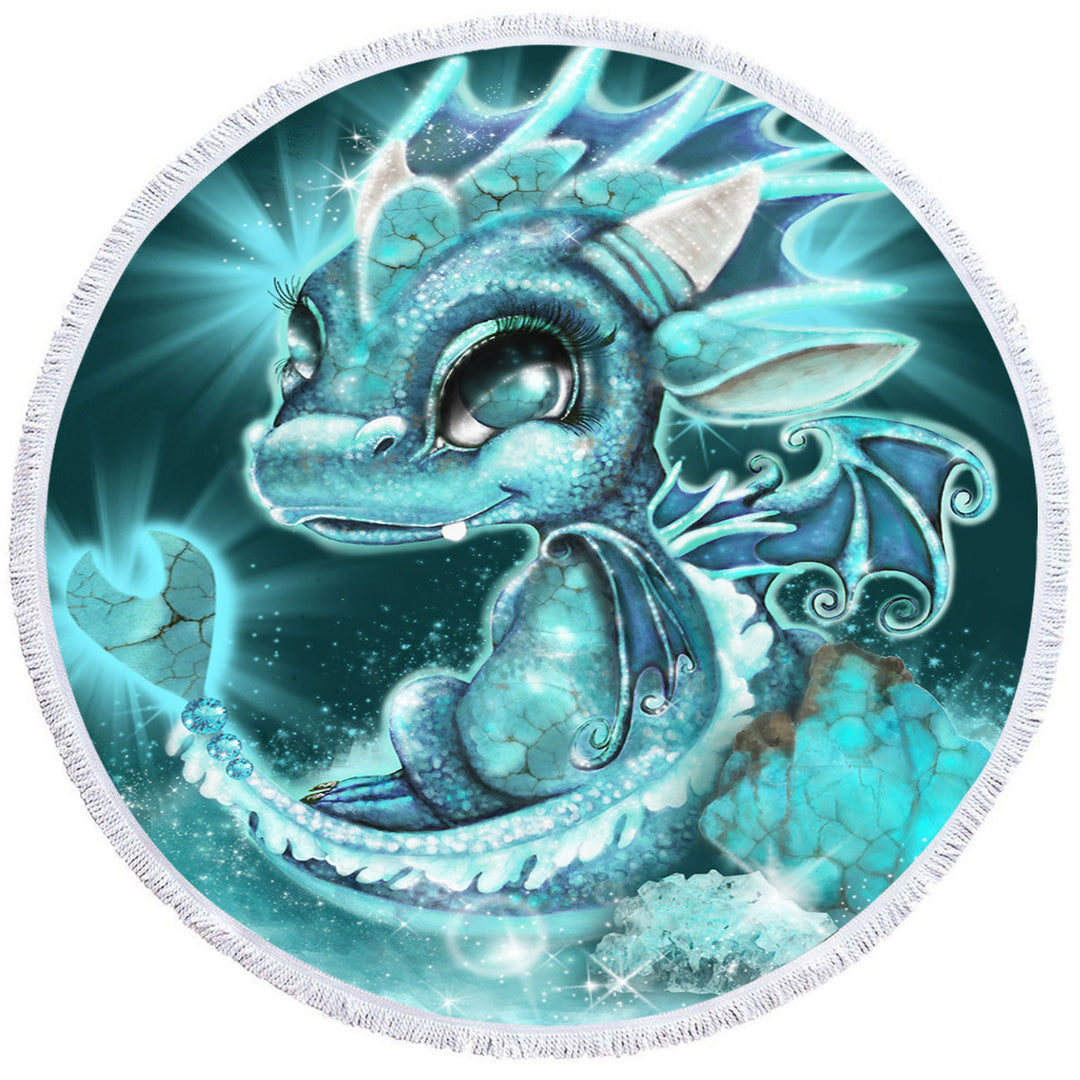 Cute Round Beach Towel as Gift December Turquoise Birthstone Lil Dragon