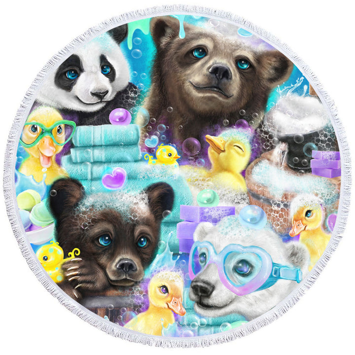 Cute Round Beach Towel with Bears and Ducks Bath Scrub a Dub Cubs