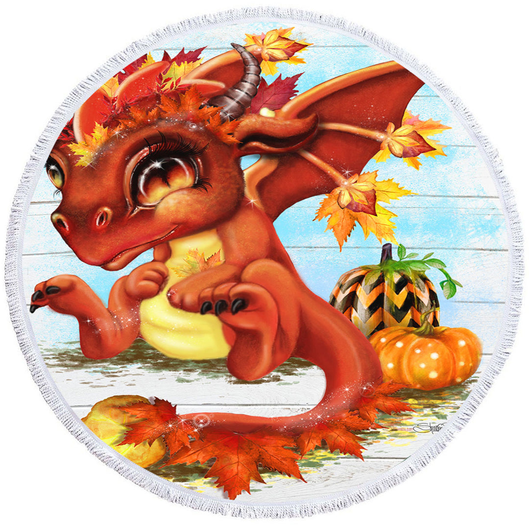 Cute Round Beach Towels Fantasy Art Autumn Lil Dragon