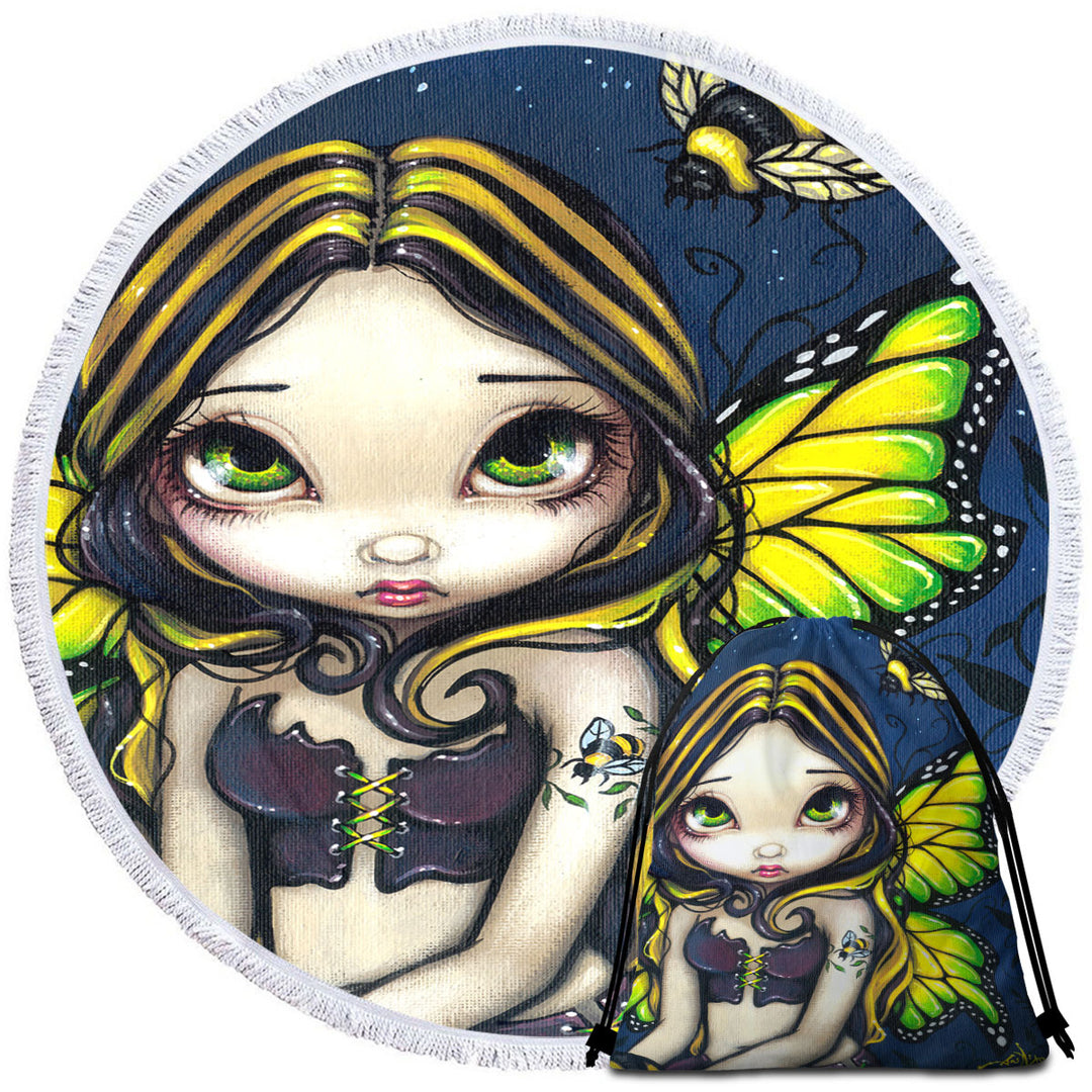 Cute Round Towel Art Bumblebee Tattoo on Butterfly Fairy