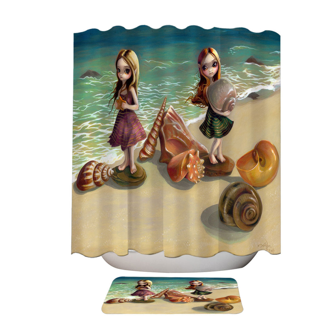 Cute Shower Curtains Fantasy Girls Collecting Shells By the Seaside