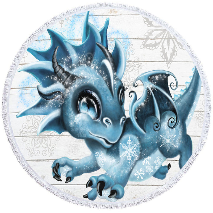 Cute Snowflakes Winter Lil Dragon Round Beach Towel