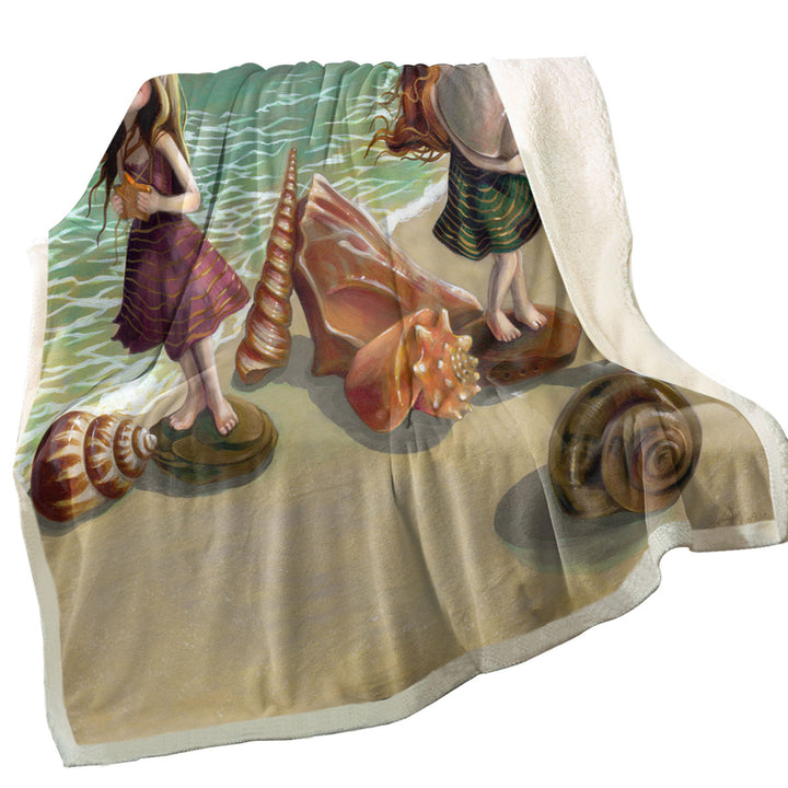 Cute Sofa Blankets Fantasy Girls Collecting Shells By the Seaside