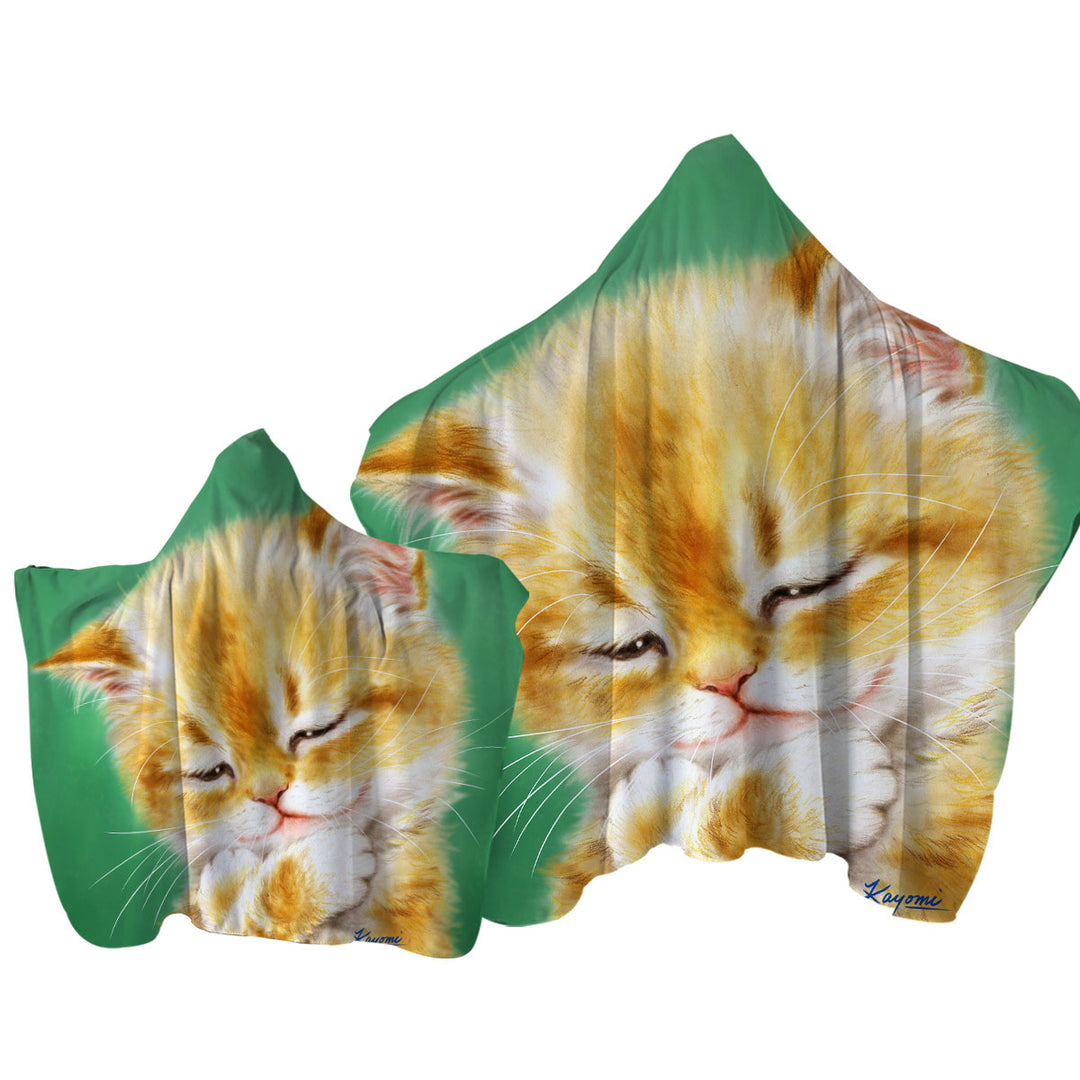 Cute Tempting Ginger Cat Drawing Hooded Beach Towel