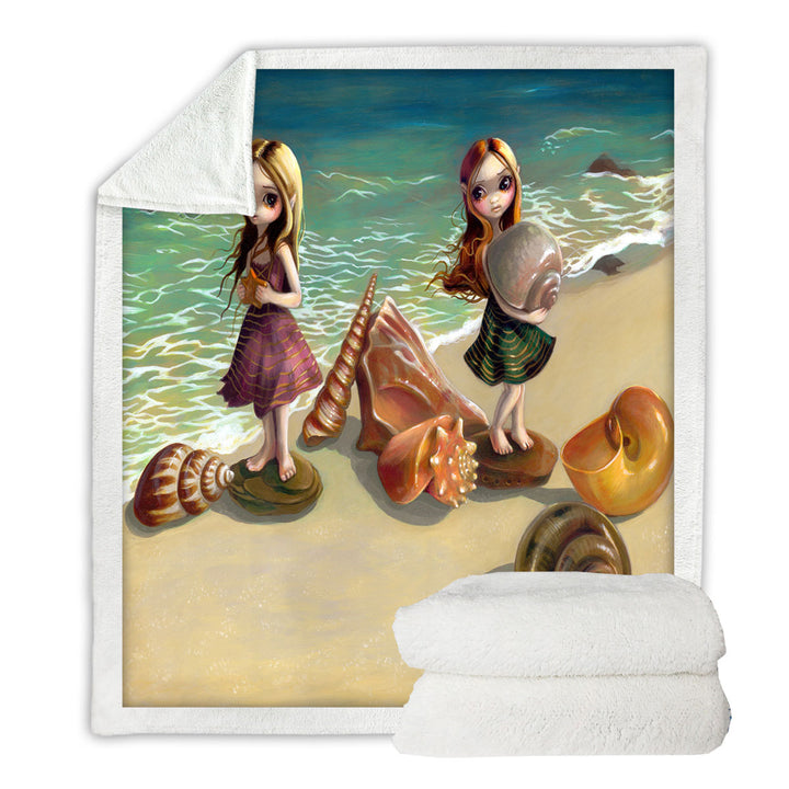 Cute Throws Fantasy Girls Collecting Shells By the Seaside