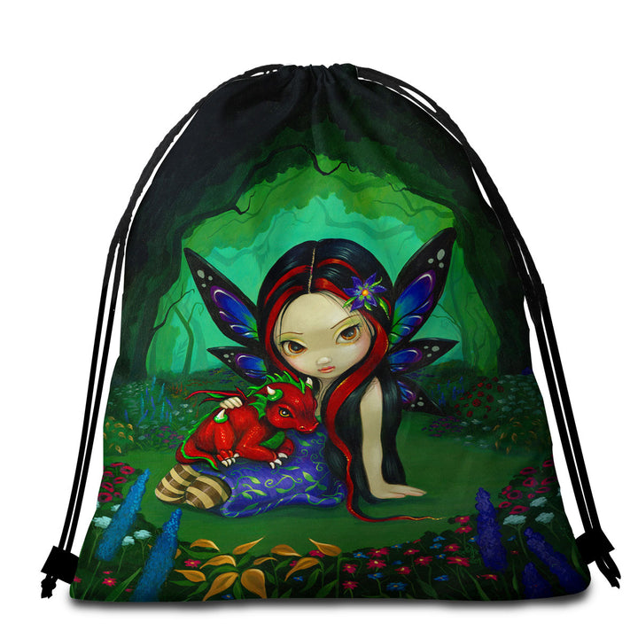 Cute Travel Beach Towel Forest Fairy in the Dragonling Garden