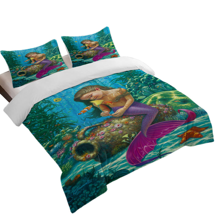 Cute Underwater Fish and Mermaid Girl Comforter Cover