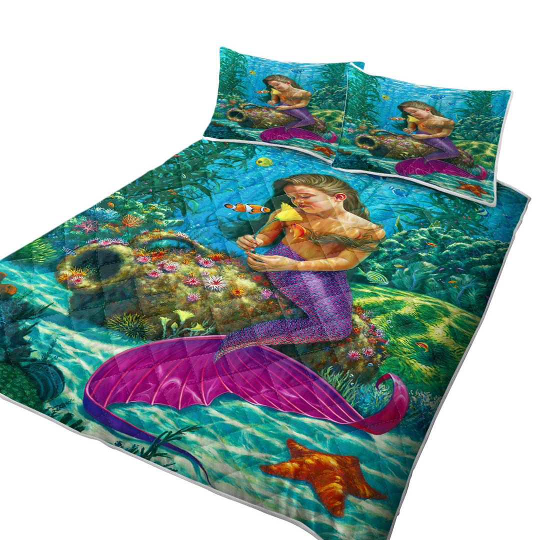 Cute Underwater Fish and Mermaid Girl Coverlet