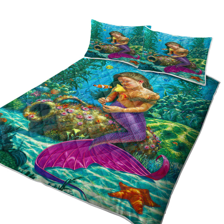 Cute Underwater Fish and Mermaid Girl Coverlet