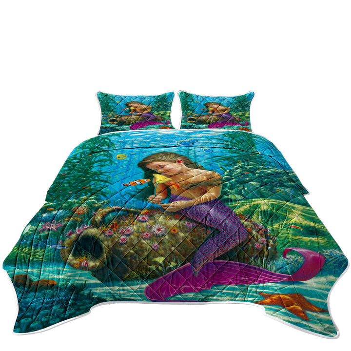 Cute Underwater Fish and Mermaid Girl Coverlets