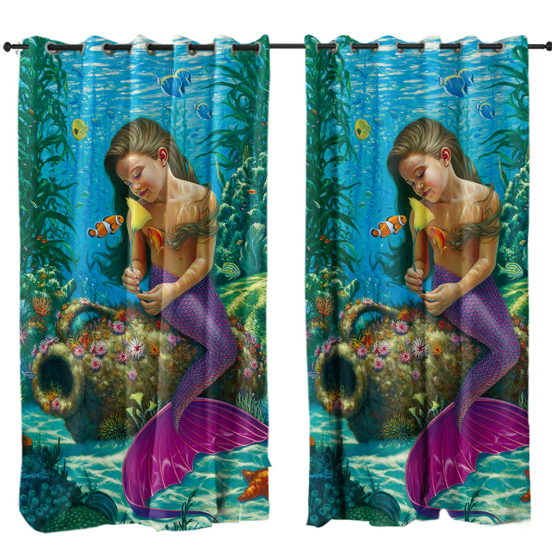 Cute Underwater Fish and Mermaid Girl Window Curtains